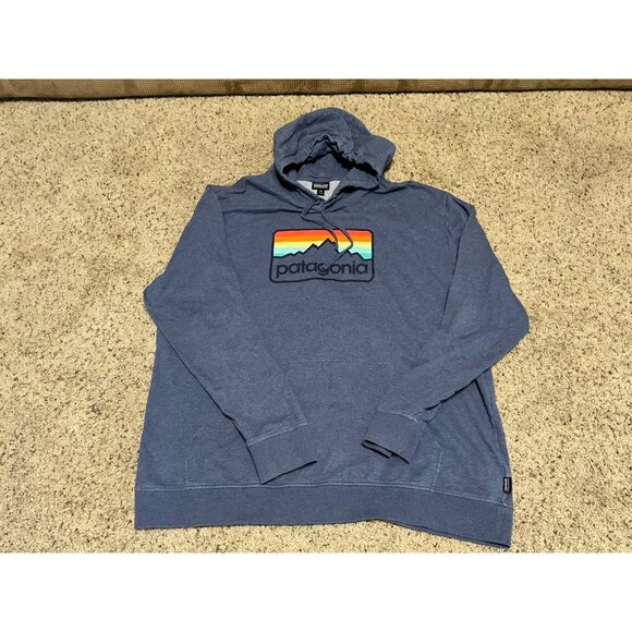 Patagonia Mens Blue Hoodie Size XXL With Rainbow Mountain Logo Graphic - Picture 10 of 13